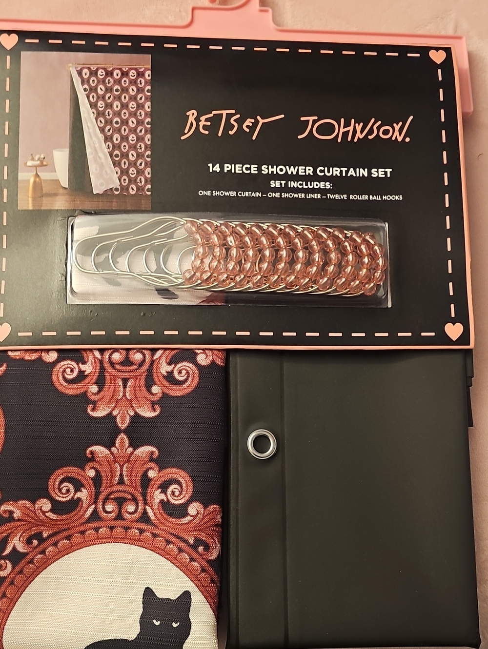 Betsey Johnson Black Shower Curtain Set with Hooks - Halloween